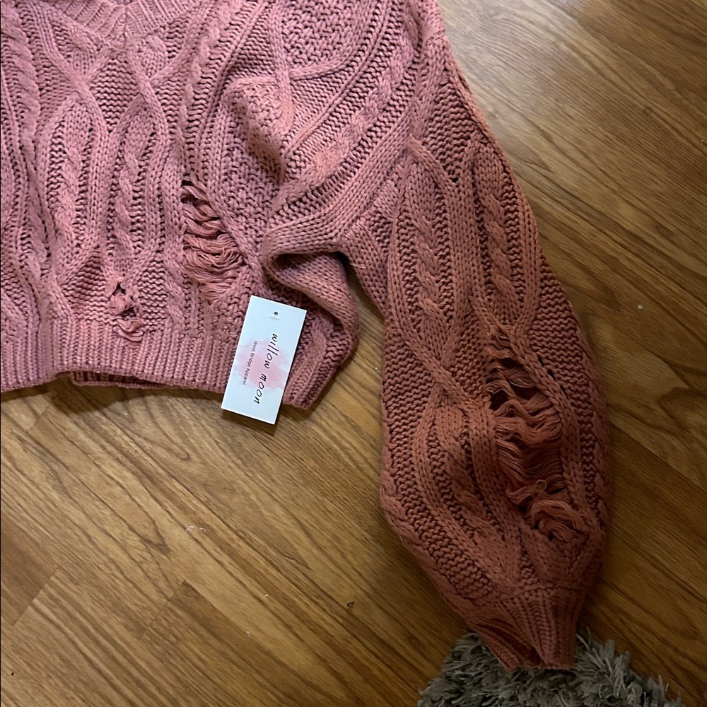 Willow Dusty Rose Cable Knit V-Neck Sweater - Picture 4 of 7